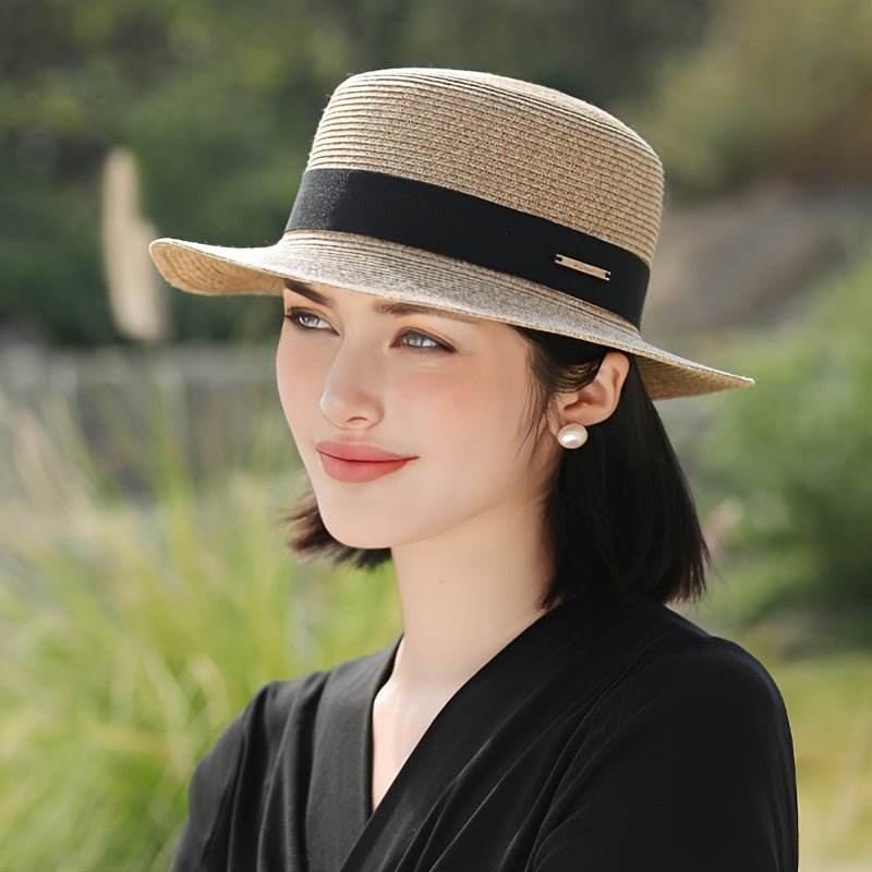 Franville Women's Wide Brim Sun Hat- French Style Straw Beach Hat with Navy Ribbon, Breathable Natural Material for Summer, Vacation, Beach& Daily Wear ( 50+, Adjustable Chin Strap)"