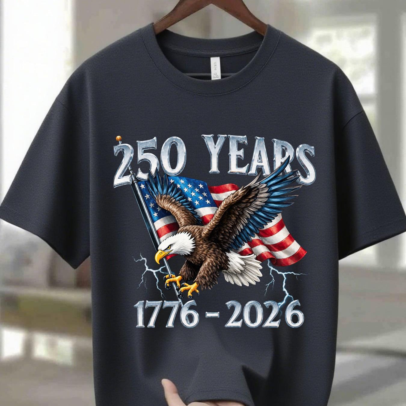 Navy Blue 100% Men's Round Neck T-Shirt with Eagle Pattern| 250 Years 1776- 2026 United States Flag Design, Ideal for Thanksgiving, Christmas, Summer, and Casual Attire, Men's Casual Comfortable T-Shirt
