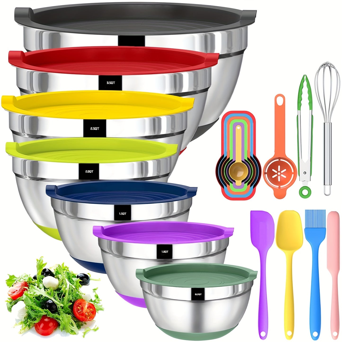 SKROAM Nesting Stainless Steel Mixing Bowl Set With Airtight Lids