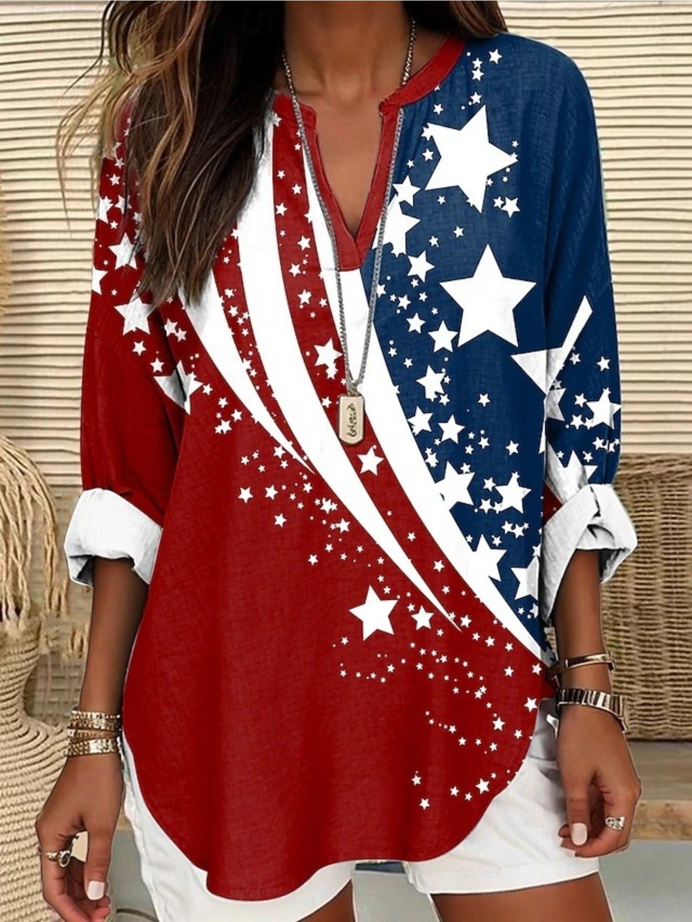 Women's Red White & Blue National Flag Print V-Neck Long Sleeve Shirt - Casual - Blouse, Machine Washable Top for 4th of, Outdoor Events & Casual Attire - Non- Apparel in RWD Color Palette (No Further