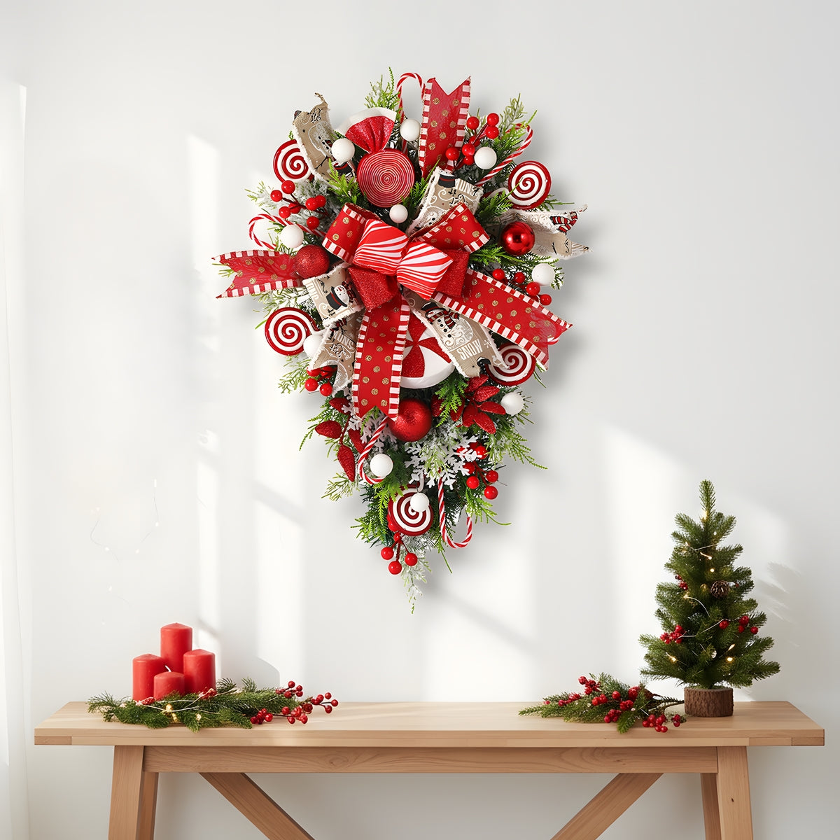 Candy Cane Wreath With Teardrop Swag For Indoor Outdoor Decor