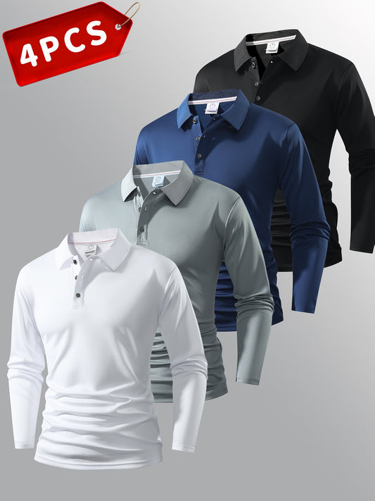Men Polo Long Sleeve Golf Casual Shirt With Button Collar