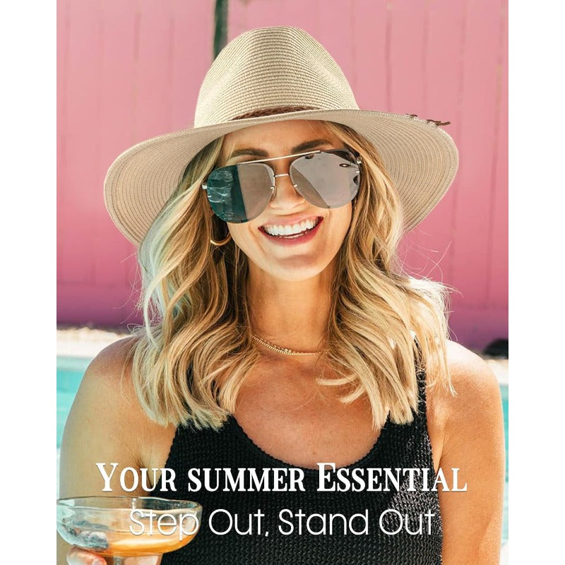 Sun Hats for Women Summer Wide Brim 80+ Panama Fedora Foldable Packable Straw Beach Hat