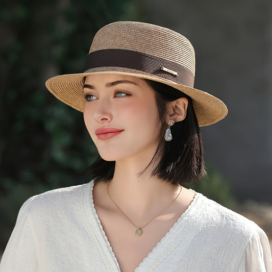 Franville Women's Wide Brim Sun Hat- French Style Straw Beach Hat with Navy Ribbon, Breathable Natural Material for Summer, Vacation, Beach& Daily Wear ( 50+, Adjustable Chin Strap)"