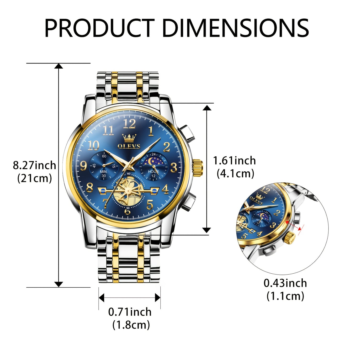 OLEVS Men's Luxury Quartz Watch Stainless Steel Moon Phase Chronograph