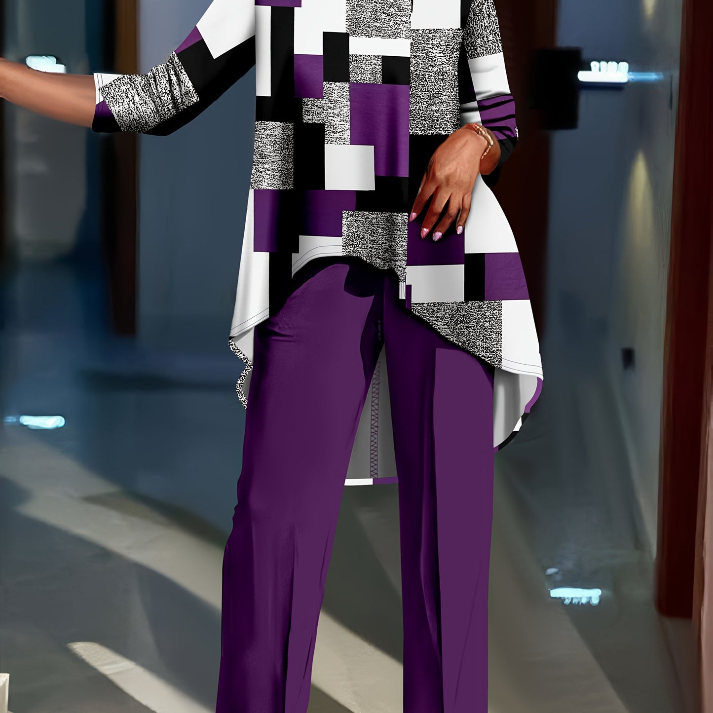 Geometric Print Long Sleeve Top And Solid Two-Piece Set
