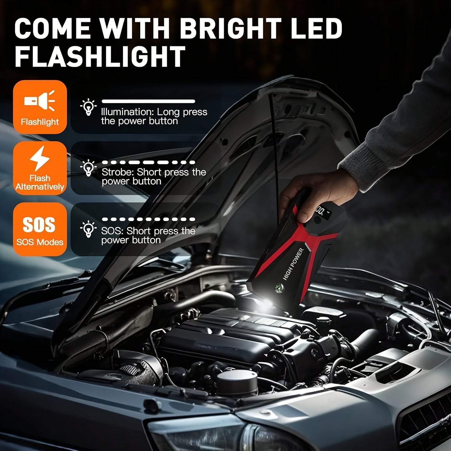 5-in-1/9IN1 Portable Car Battery Jump Starter With Tire Inflator 12V Fast Start, Battery Boost, USB I/O, LED Emergency Light, Reliable Power, Roadside/Vehicle Emergency Tools 3000A Portable Wireless Car Jump Starter Battery J