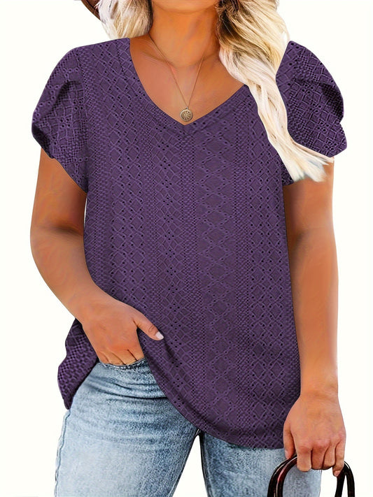 Women's Plus-Size Casual V-Neck Eyelet Petal Top Purple