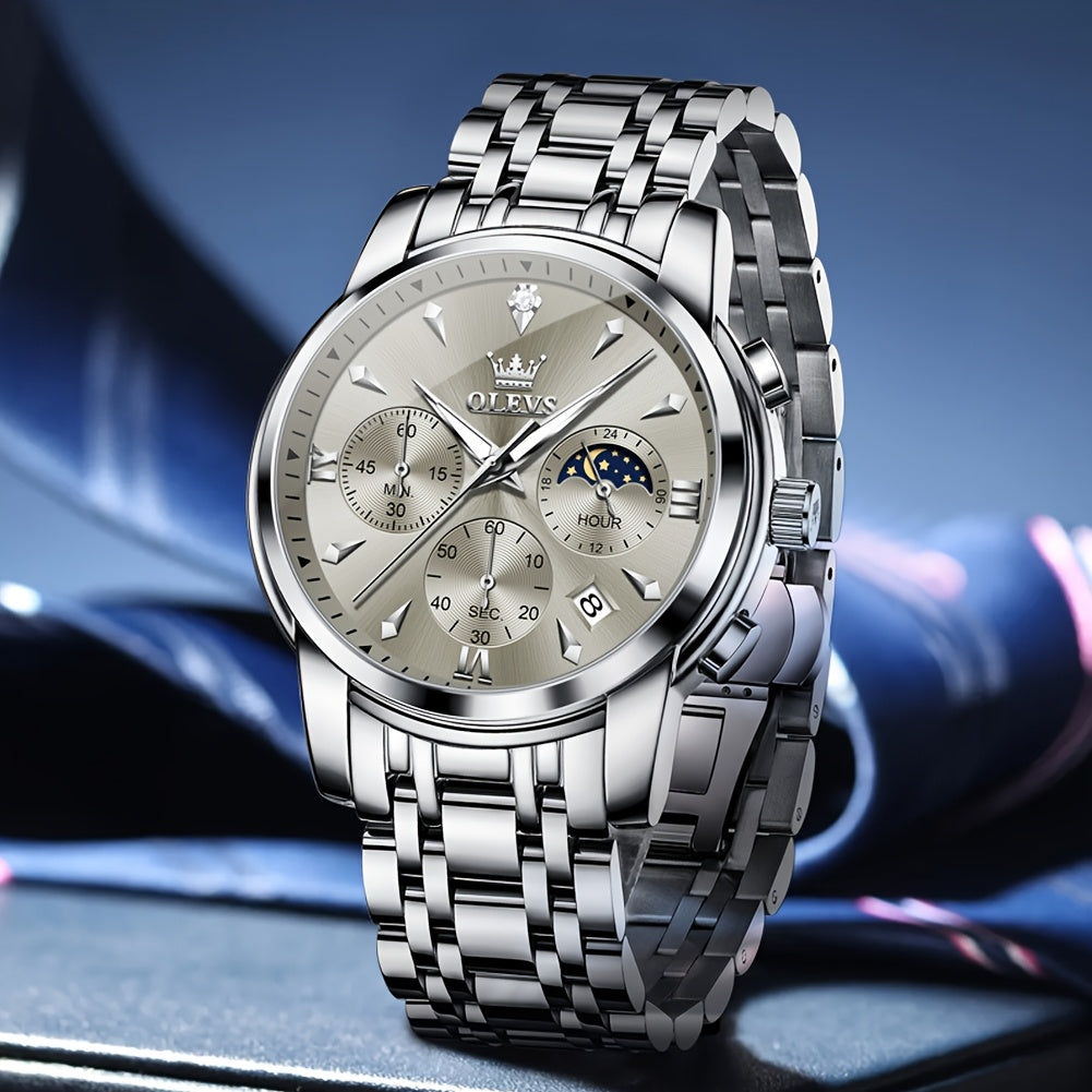 OLEVS Men's Luxury Quartz Chronograph Moon Phase Stainless Steel Watch