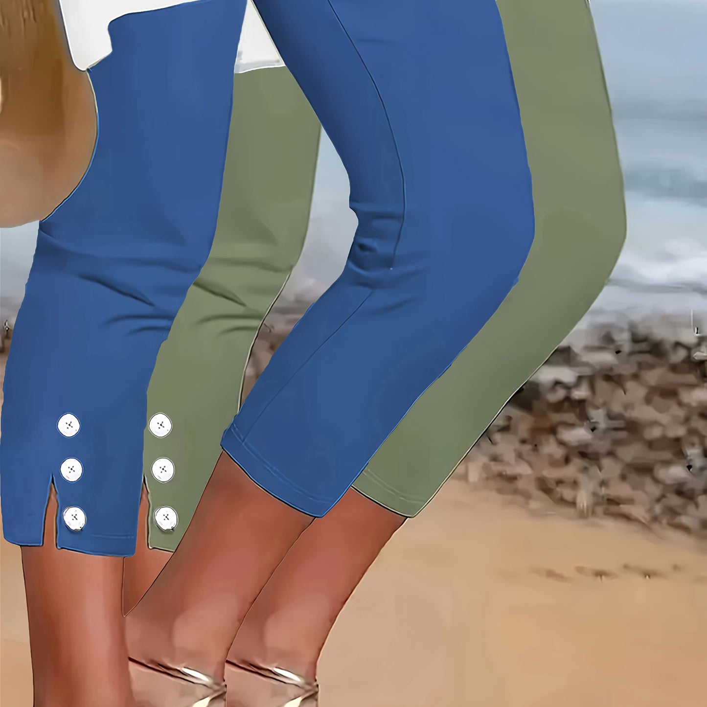 Two Pack Women's Slim Fit Capri Leggings With Button Detail