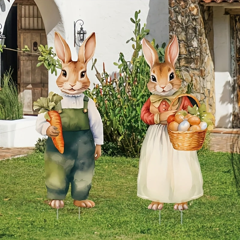 2pcs Easter Outdoor Decor Set - Large Vintage Bunny And Carrot Egg Stakes, Farmhouse Style Spring And Summer Celebration Lawn And Garden Decorations, Yard Signs, Party Decorations