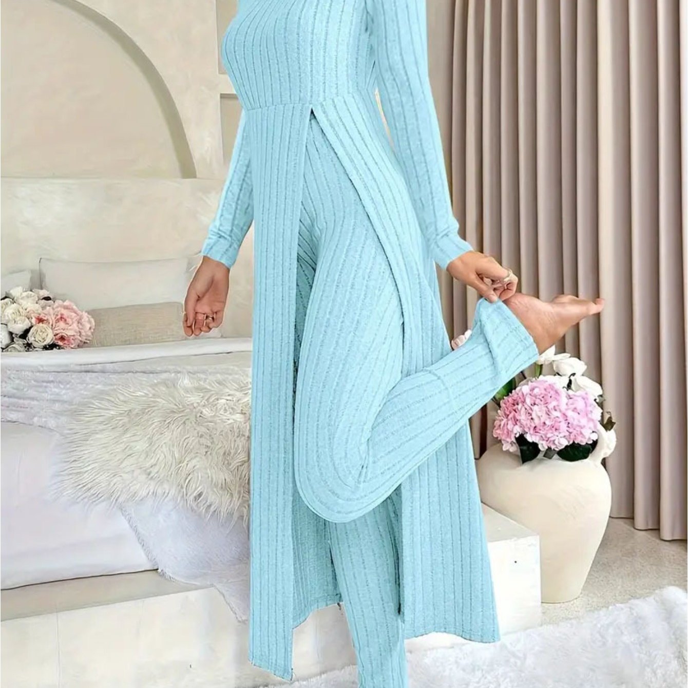 MORA QUIET Womens Fleece Two Piece Set Lounge Outfit With Wide Leg Pants