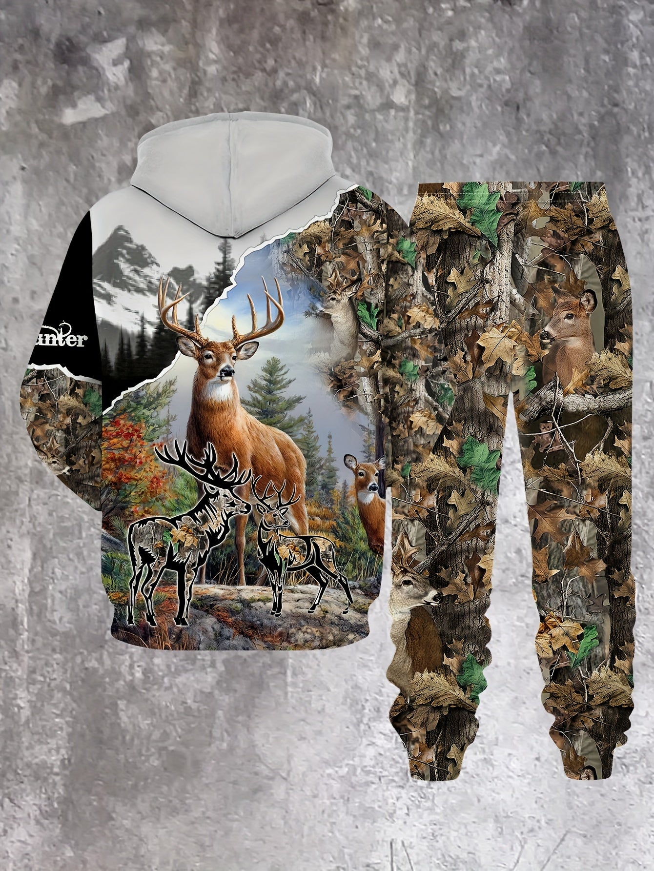 Men's Casual Hoodie And Pants Set With Forest Themed Prints