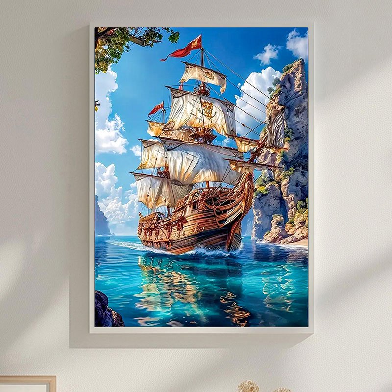 Qiziteng 5D DIY Diamond Painting Kit Sailboat Sunset Round Mosaic