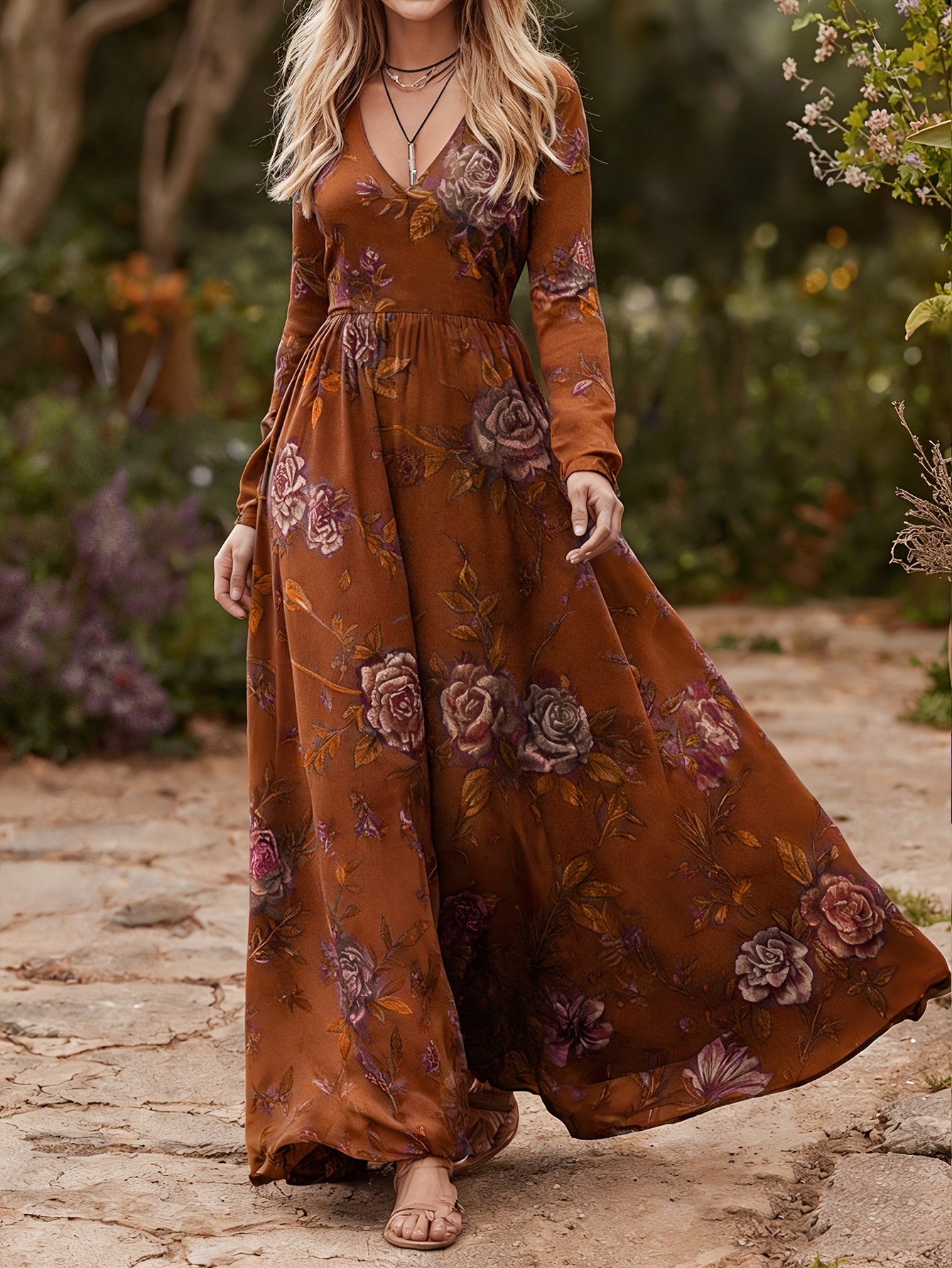 CIUM Elegant Flower Print Maxi Dress Long Sleeve V Neck