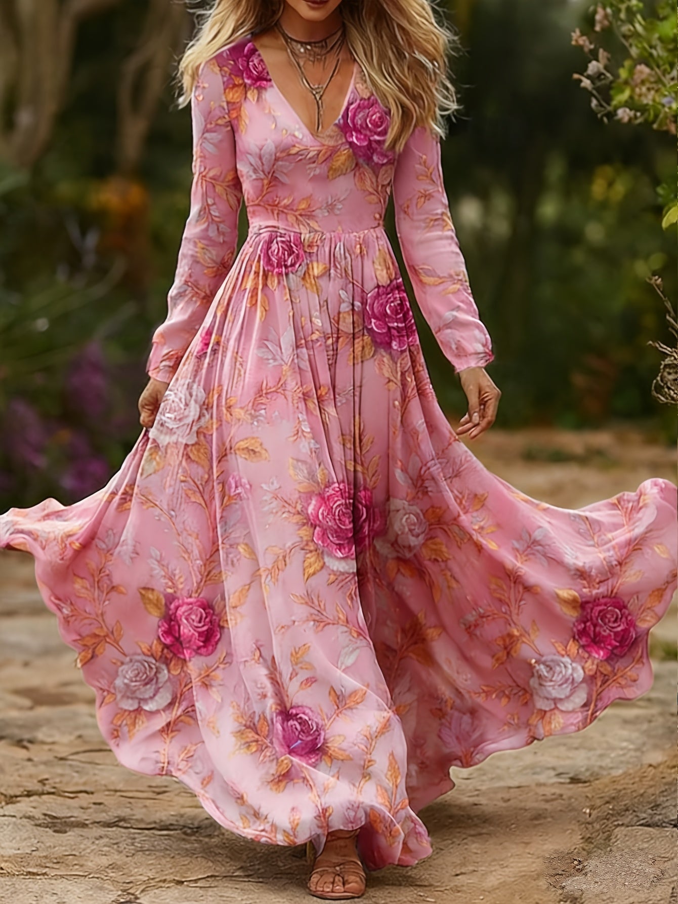 CIUM Elegant Flower Print Maxi Dress Long Sleeve V Neck