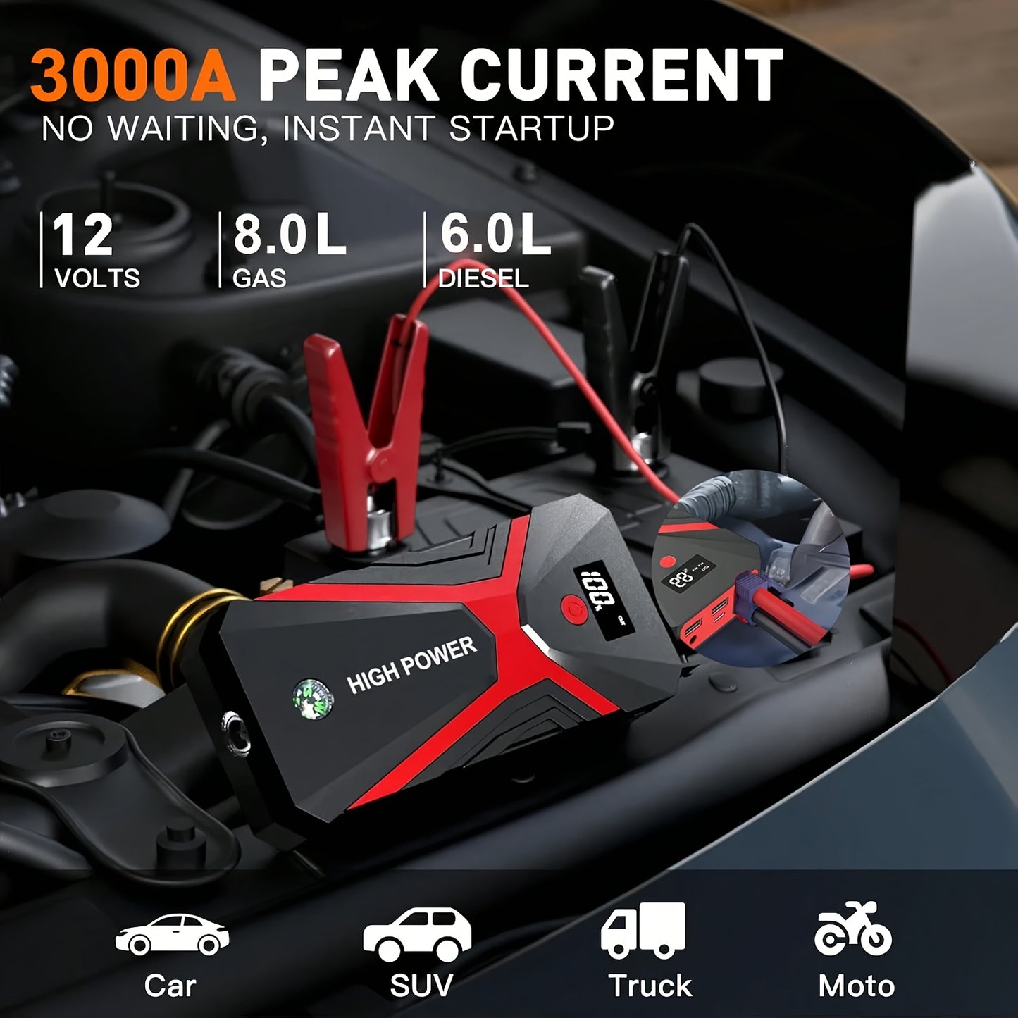 5-in-1/9IN1 Portable Car Battery Jump Starter With Tire Inflator 12V Fast Start, Battery Boost, USB I/O, LED Emergency Light, Reliable Power, Roadside/Vehicle Emergency Tools 3000A Portable Wireless Car Jump Starter Battery J
