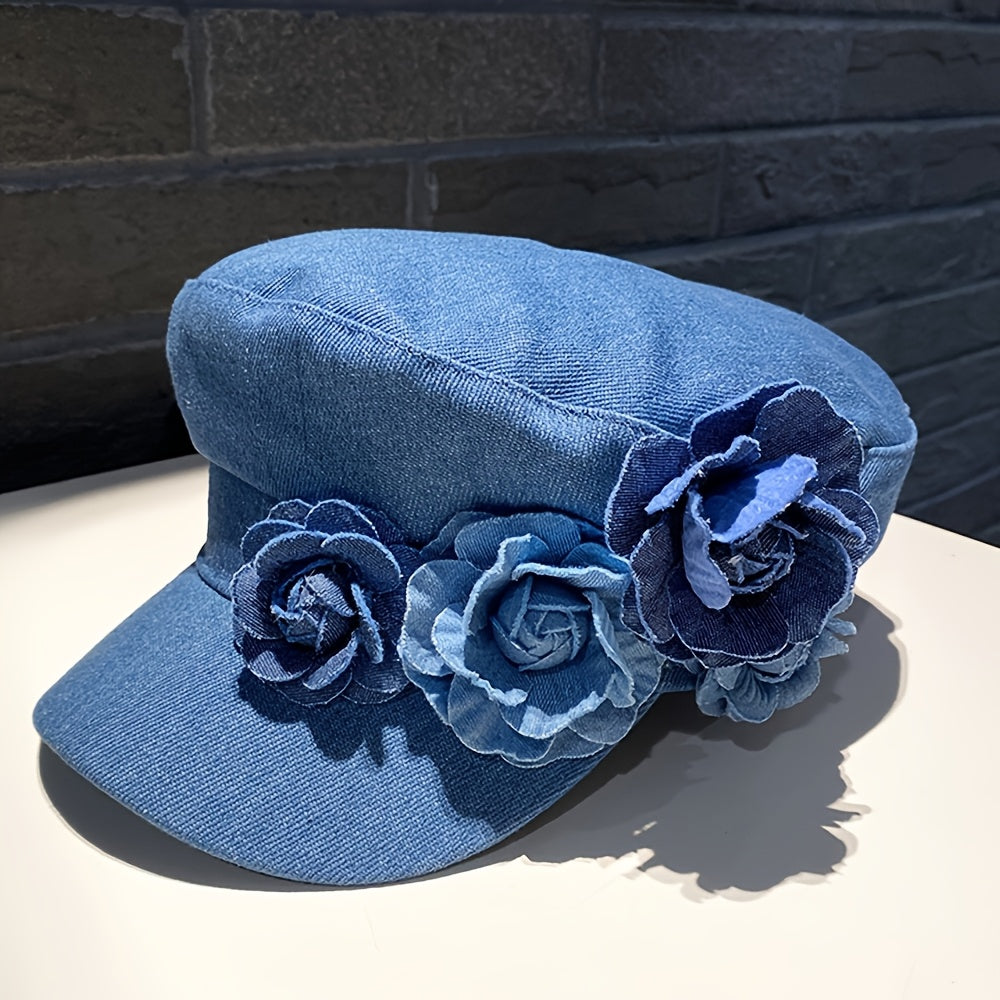 BODERI Women'S Denim Beret with Blue Roses - Lightweight, Elastic Fit for Outdoor Activities, Parties, and Casual Attire, Casual Headwear | Floral Embellished Beret | Texture Beret