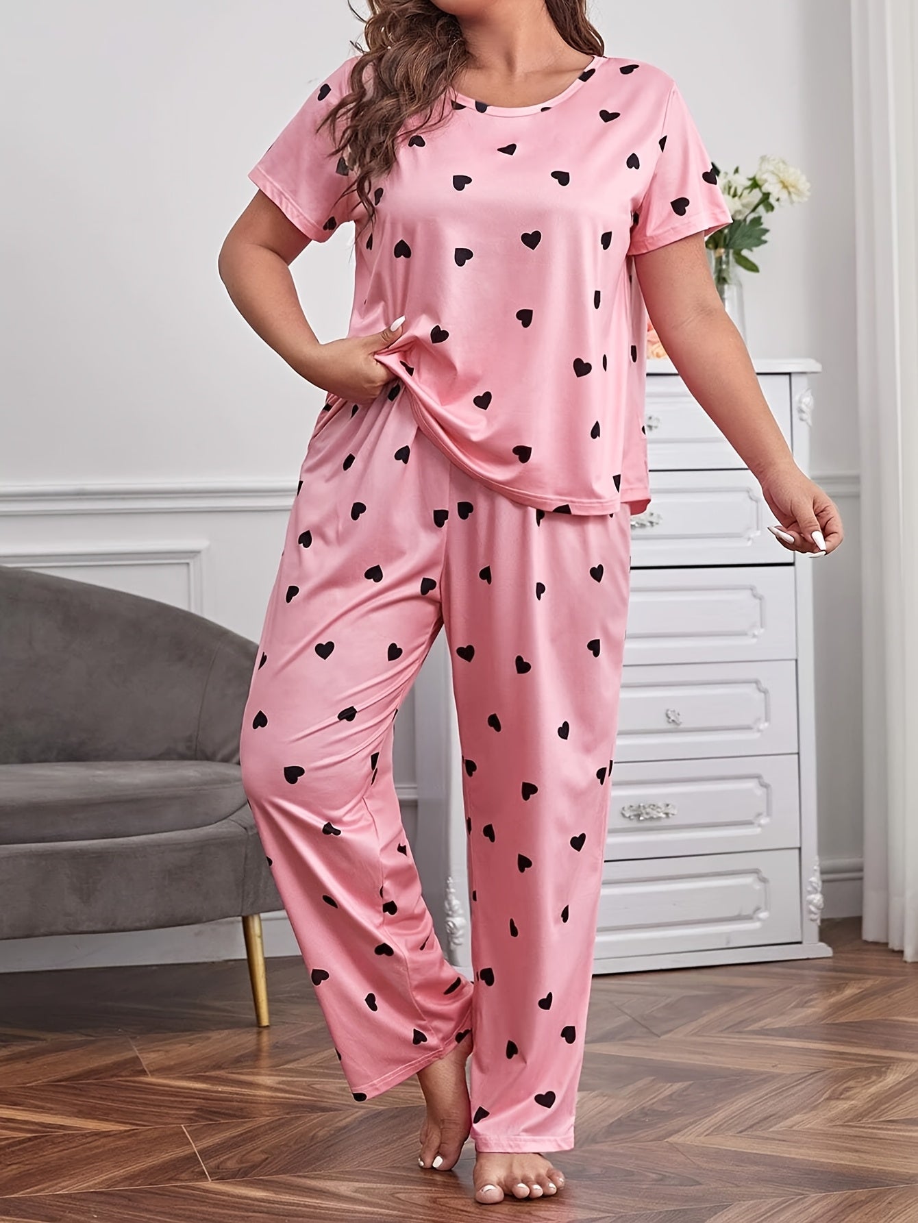 Pajama Sets For Women Loose Casual Heart Print Comfort Fit