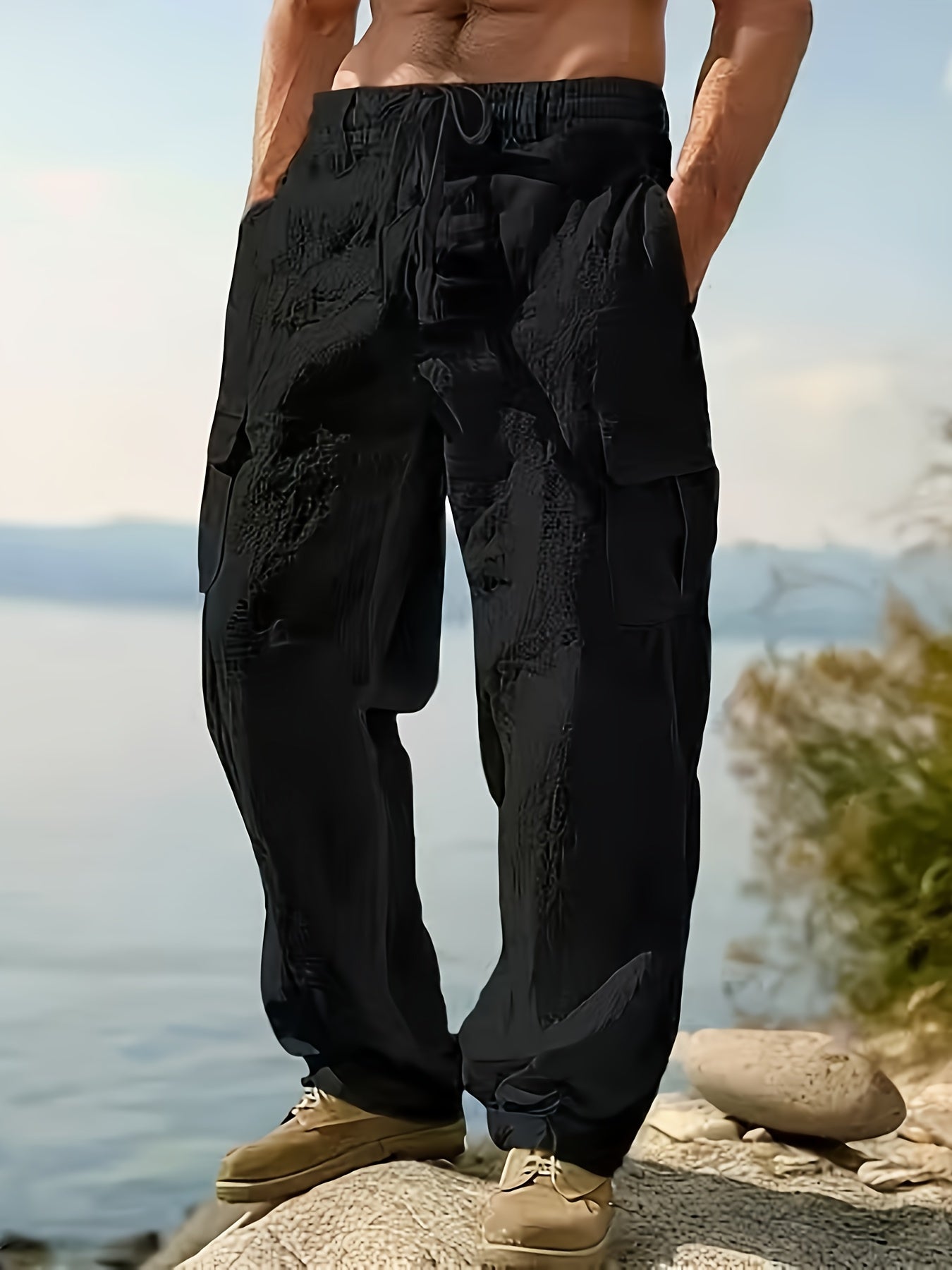 Mens Linen Work Pants Breathable Regular Fit For Casual Wear
