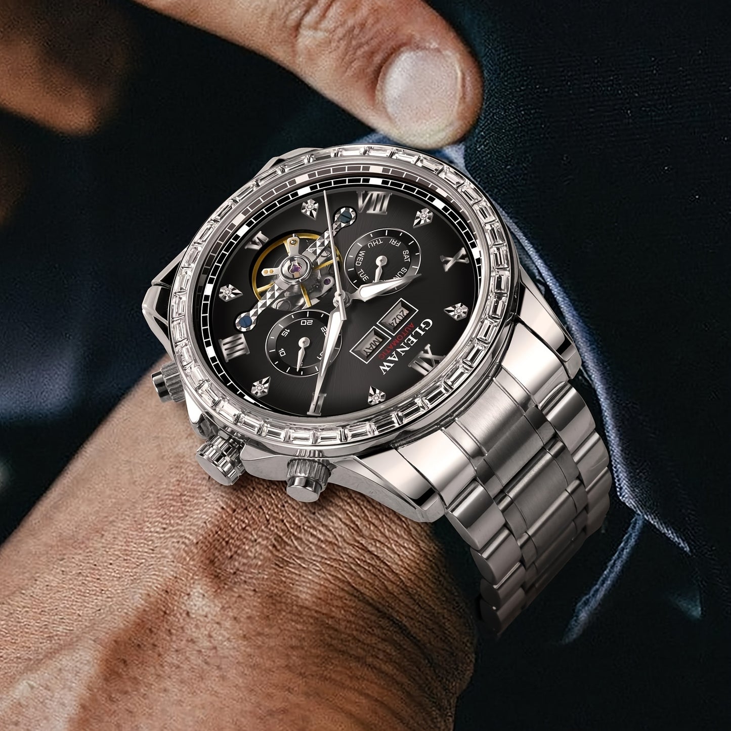 GLENAW Mens Automatic Mechanical Watch Stainless Steel Date Display