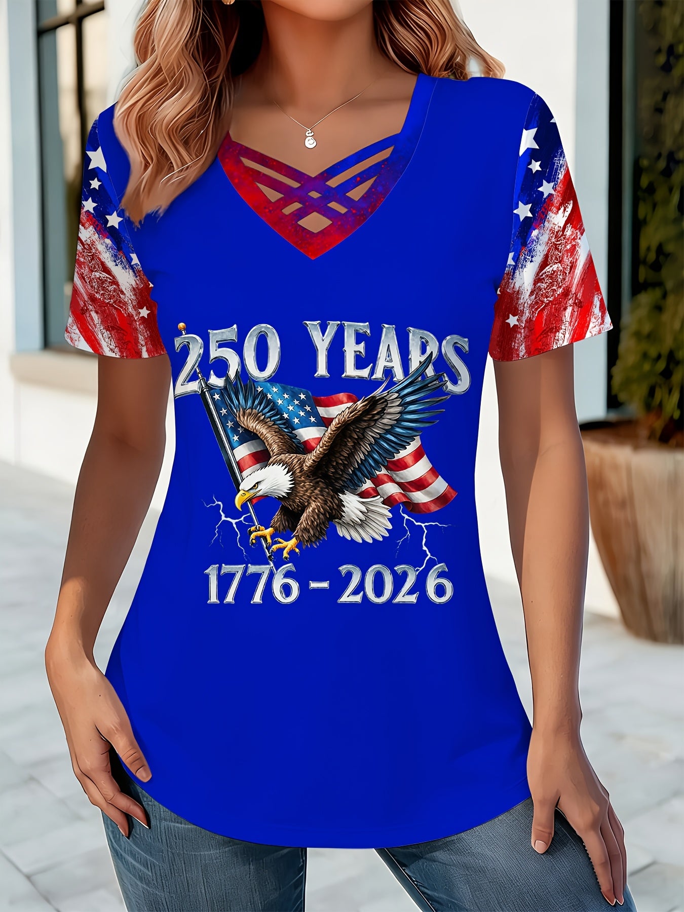 250 Years Anniversary Women's Trendy Full Print 250 Years Eagle V-neck T-shirt, 1776-2026 USA Flag Tee, for Semiquincentennial & Patriotic Gatherings T-shirt, Perfect for Daily Leisure Gifting & National Events Top