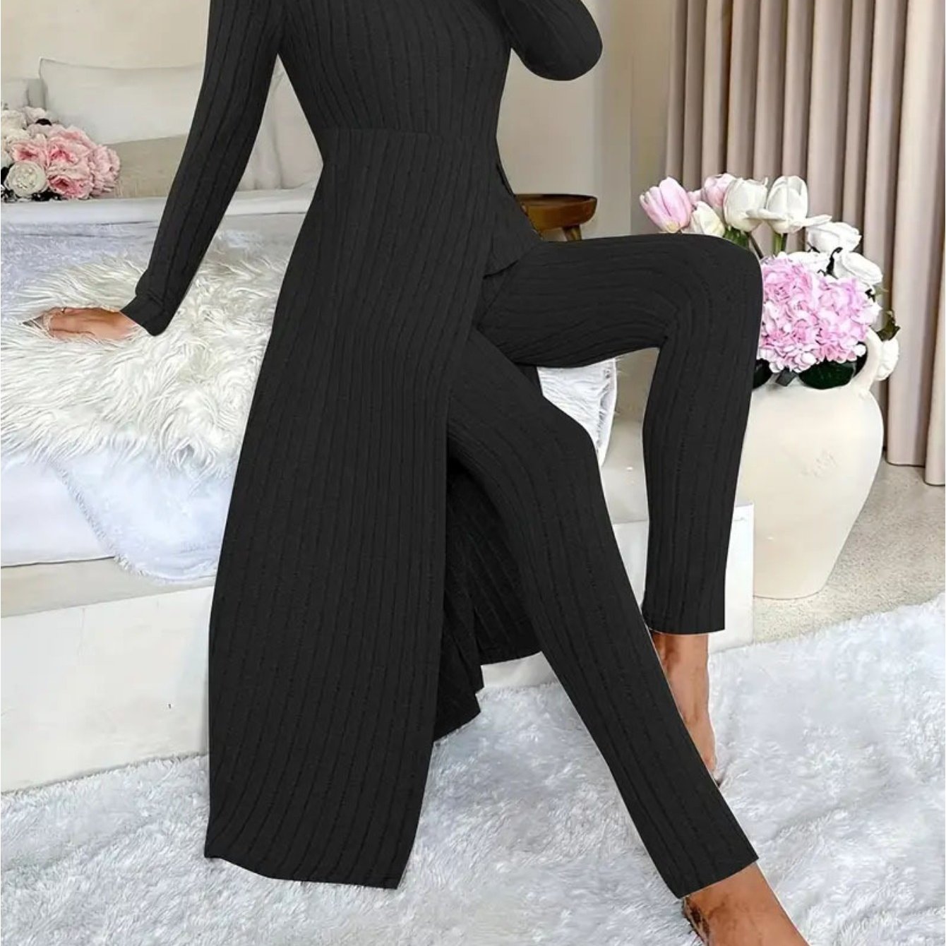 MORA QUIET Womens Fleece Two Piece Set Lounge Outfit With Wide Leg Pants