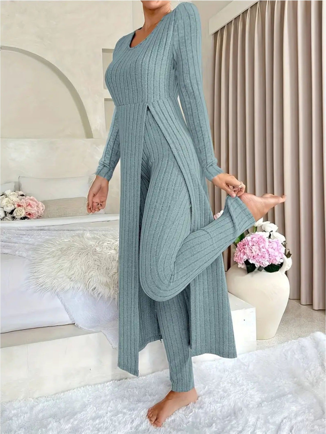 MORA QUIET Womens Fleece Two Piece Set Lounge Outfit With Wide Leg Pants