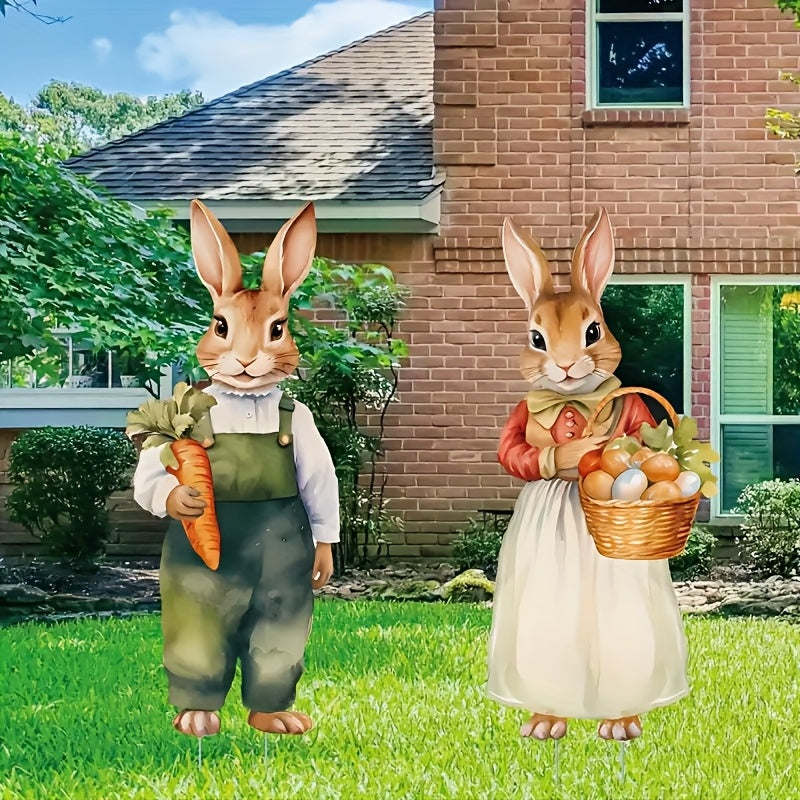2pcs Easter Outdoor Decor Set - Large Vintage Bunny And Carrot Egg Stakes, Farmhouse Style Spring And Summer Celebration Lawn And Garden Decorations, Yard Signs, Party Decorations