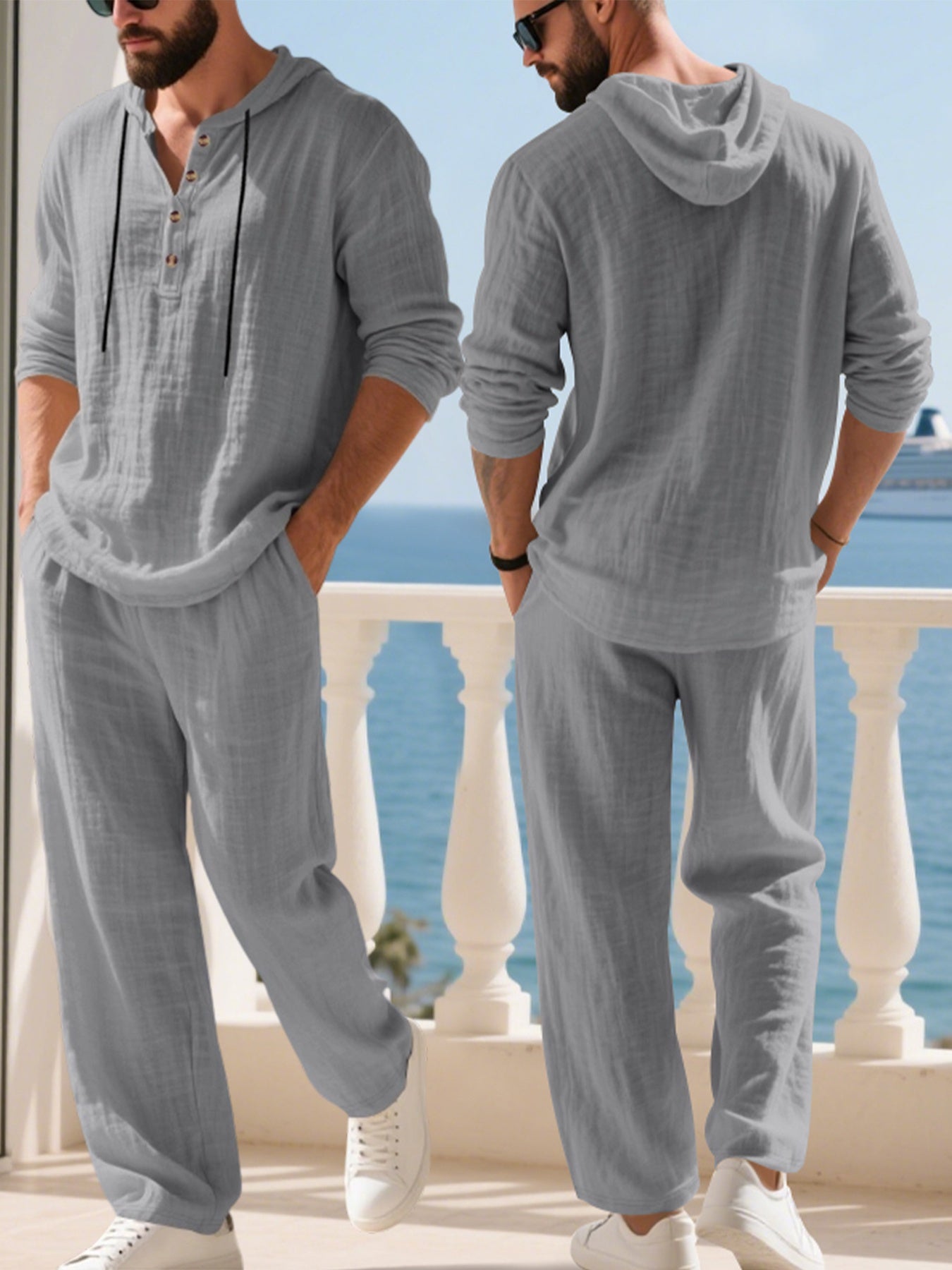 Mens Hooded Henley Shirt And Pants Set American Style Casual