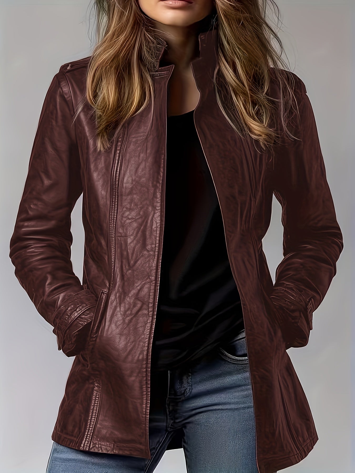 PU Spring, Summer, And Autumn Washable Casual Pocket Loose Mid-length Cardigan Jacket, Retro Motorcycle Jacket Long-sleeve Outerwear, 3D Effect, Stand Collar Design for Women's Long-sleeve Cardigan
