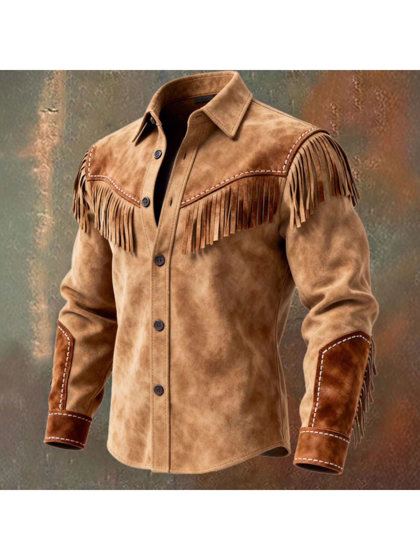 Men's Retro Brown Shirt Jacket With Fringe And Western Style