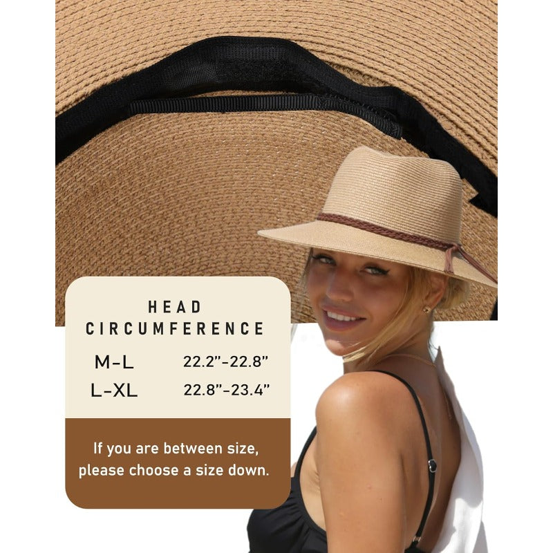 Sun Hats for Women Summer Wide Brim 80+ Panama Fedora Foldable Packable Straw Beach Hat