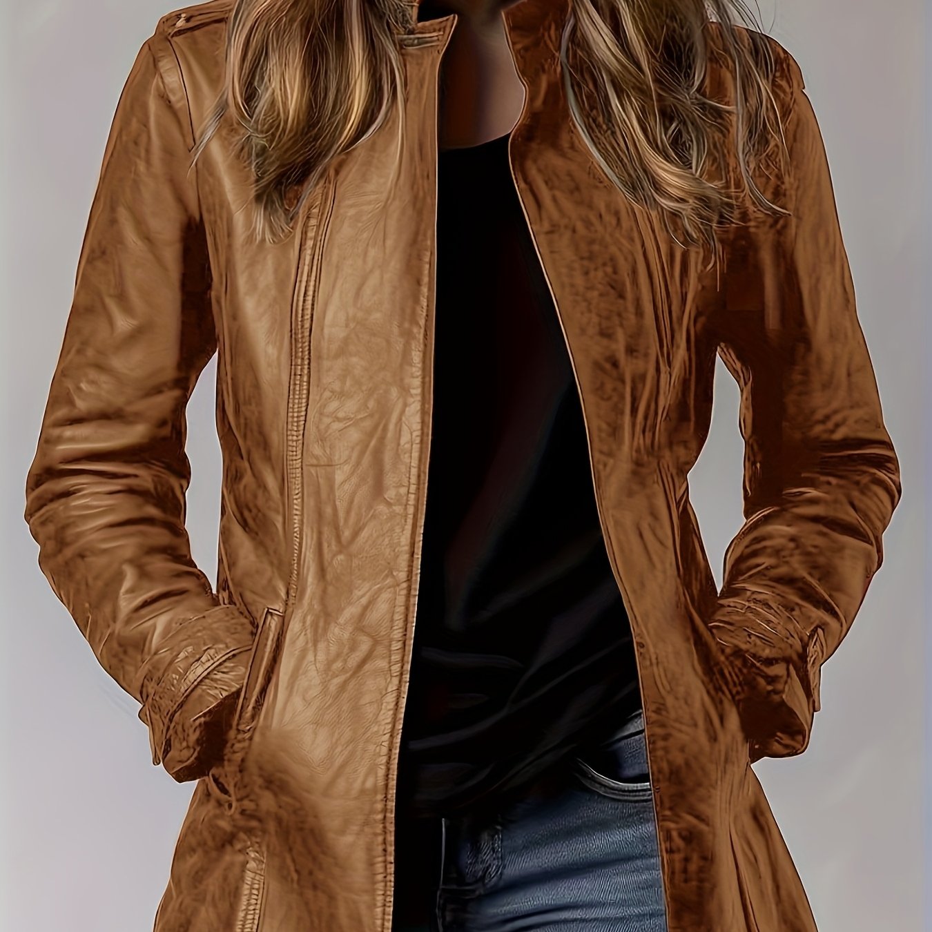 PU Spring, Summer, And Autumn Washable Casual Pocket Loose Mid-length Cardigan Jacket, Retro Motorcycle Jacket Long-sleeve Outerwear, 3D Effect, Stand Collar Design for Women's Long-sleeve Cardigan