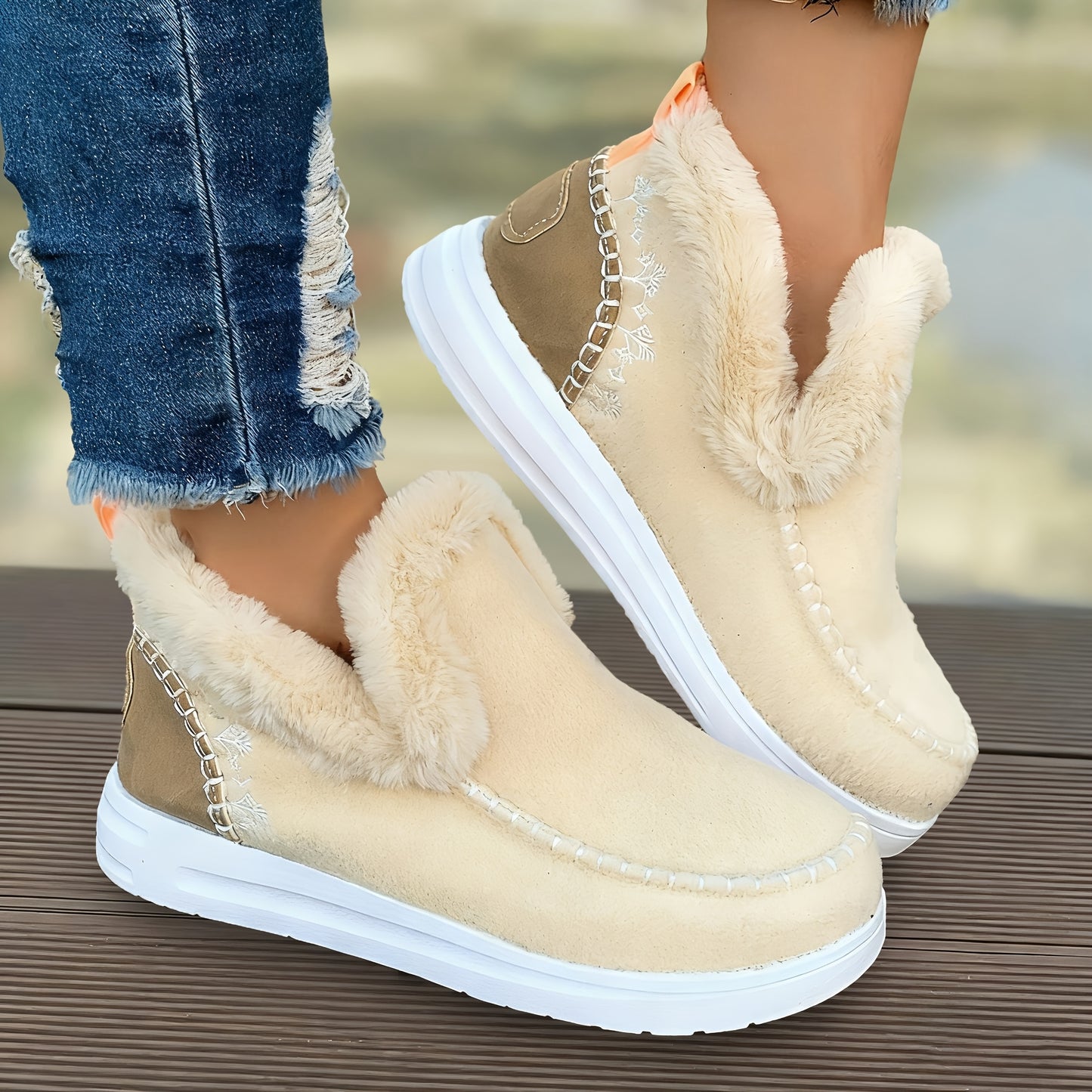 Comfortable Women's Slip-on Ankle Boots - with Fleece Lining, Round Toe Design, Flat Soft Sole, Thickened for Warmth, Essential for Winter, Women's Products From Local Warehouses. Women's Boots, Women Shoes