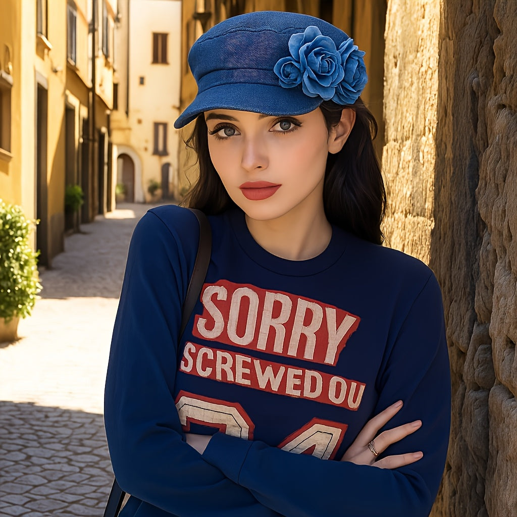 BODERI Women'S Denim Beret with Blue Roses - Lightweight, Elastic Fit for Outdoor Activities, Parties, and Casual Attire, Casual Headwear | Floral Embellished Beret | Texture Beret