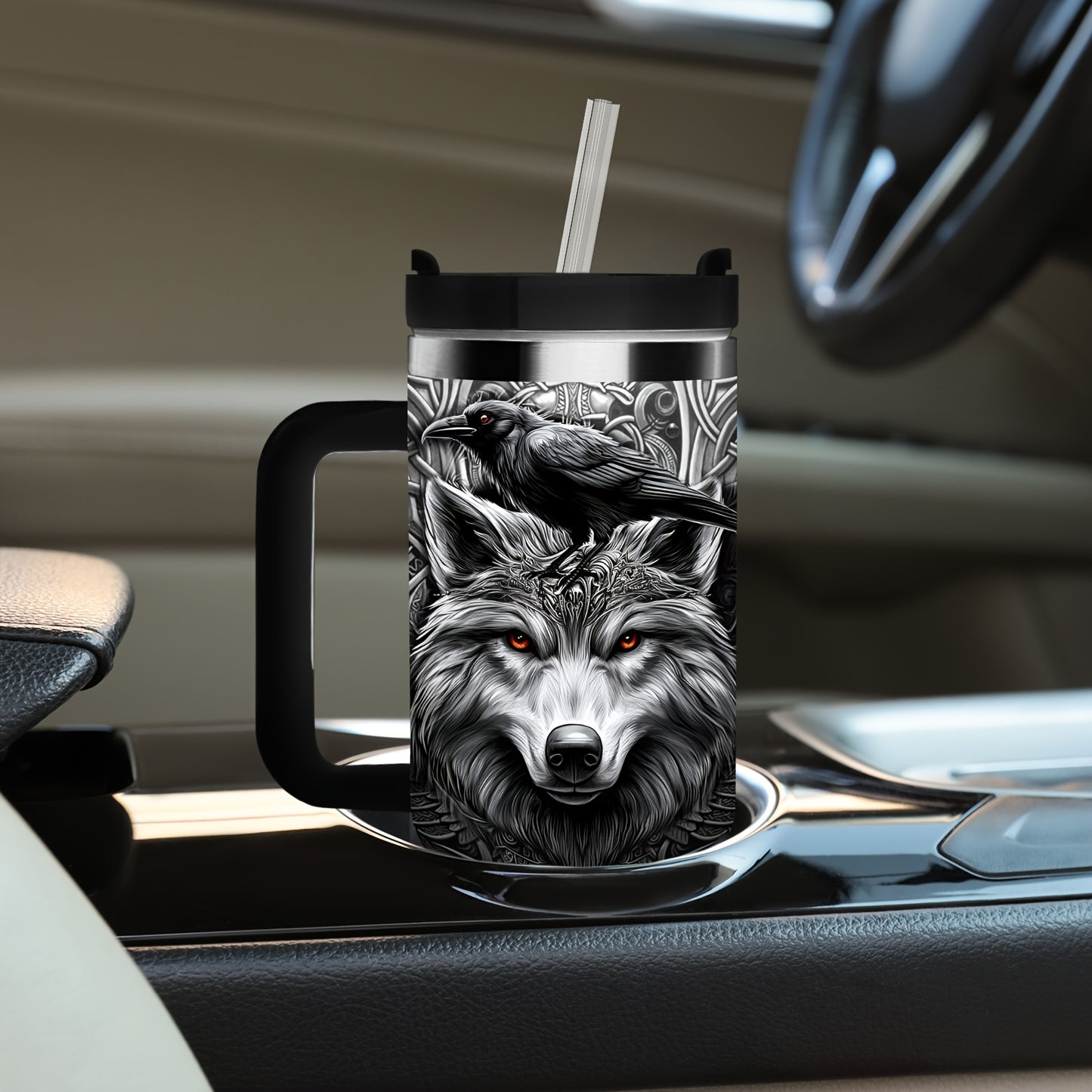 Viking Themed Stainless Steel Insulated Tumbler With Wolf Celtic Knot