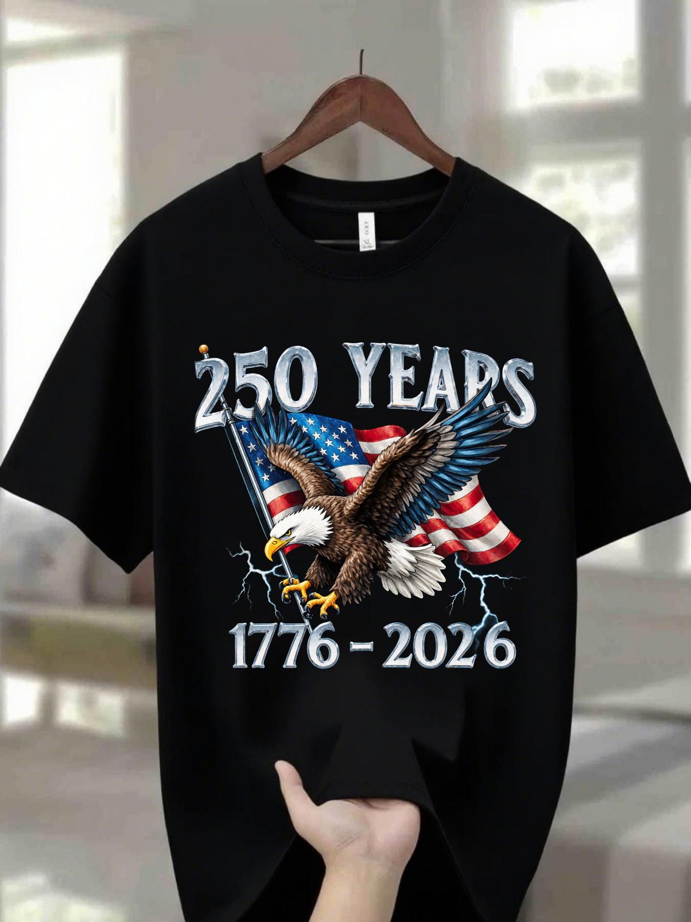 Navy Blue 100% Men's Round Neck T-Shirt with Eagle Pattern| 250 Years 1776- 2026 United States Flag Design, Ideal for Thanksgiving, Christmas, Summer, and Casual Attire, Men's Casual Comfortable T-Shirt