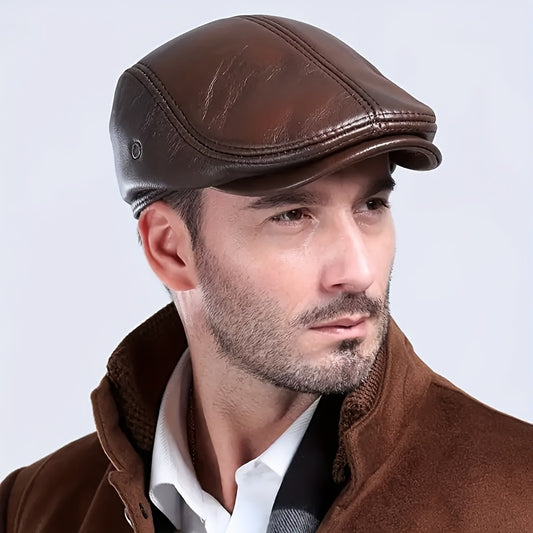 Leather Cowhide Newsboy Hat 1pc Men's Gatsby Cap Black