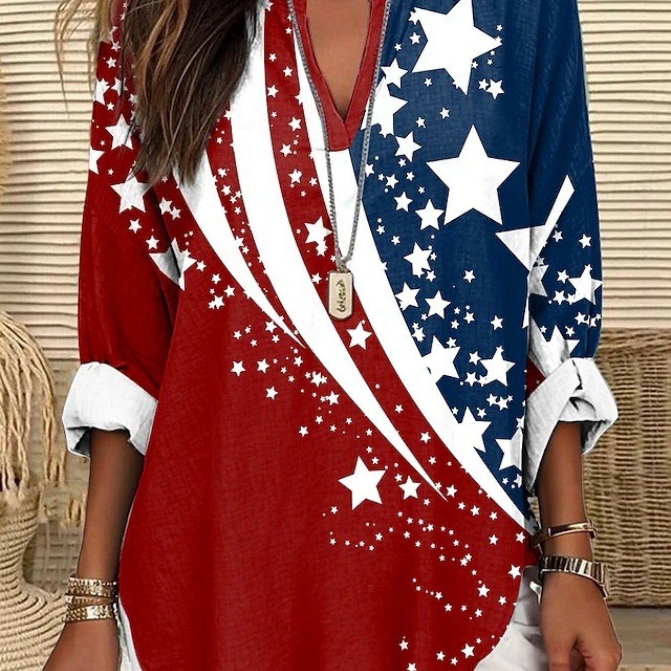 Women's Red White & Blue National Flag Print V-Neck Long Sleeve Shirt - Casual - Blouse, Machine Washable Top for 4th of, Outdoor Events & Casual Attire - Non- Apparel in RWD Color Palette (No Further