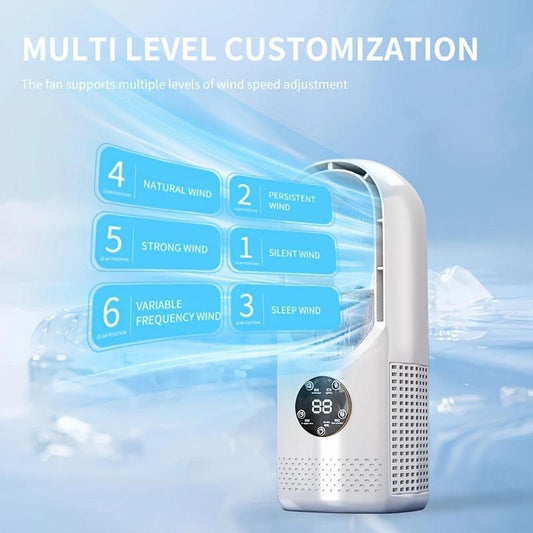 No Leaf Fan Efficient Spray Cooling Machine Three in One Office Desktop Fan USB Powered Air Cooler with Night Light Humidification Function 6 Wind Speeds Timing Function Home Dormitory Camping Mini Personal Air Conditioner