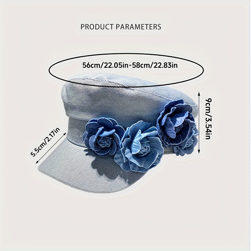 BODERI Women'S Denim Beret with Blue Roses - Lightweight, Elastic Fit for Outdoor Activities, Parties, and Casual Attire, Casual Headwear | Floral Embellished Beret | Texture Beret