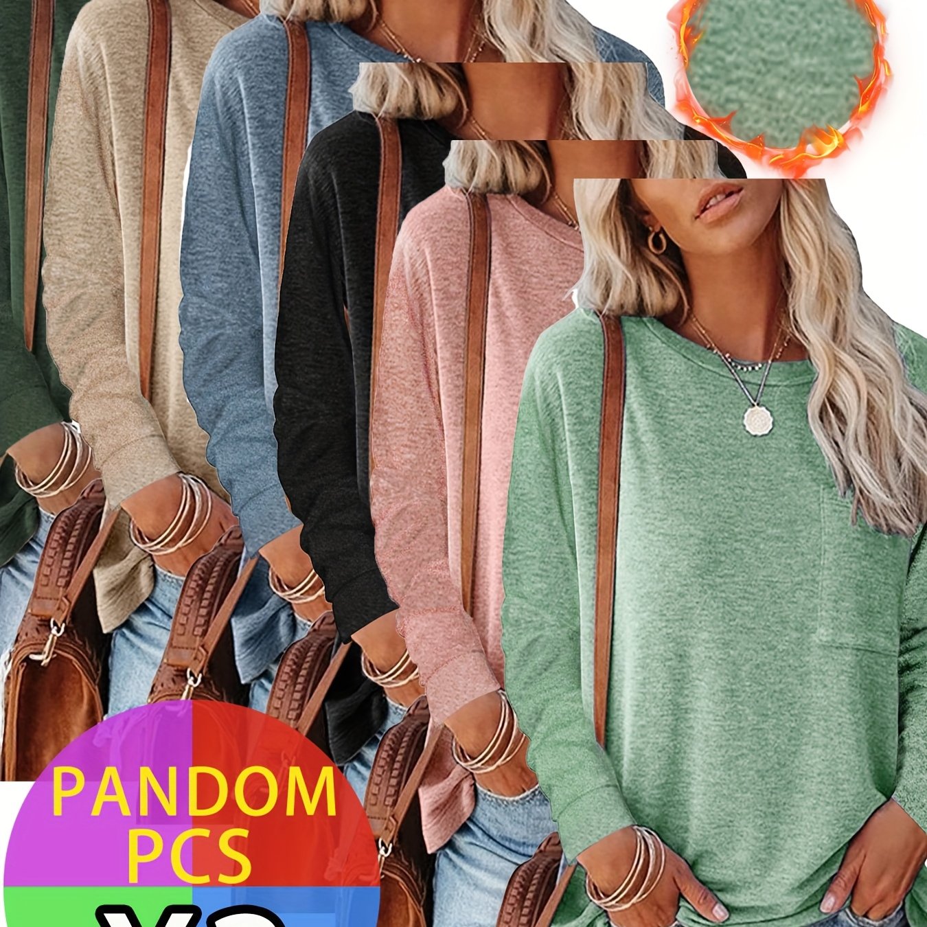 Three Pack Women's Autumn Winter Long Sleeve Pocket T Shirts