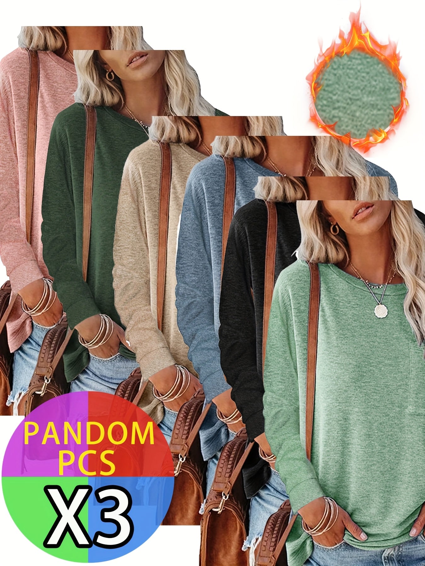 Three Pack Women's Autumn Winter Long Sleeve Pocket T Shirts