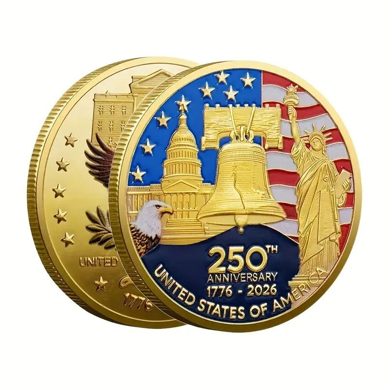 12pcs 2026 American Independence 250th Anniversary Medal Set | 1776-2026 Reissue Coins with Plastic Case and Eagle Challenge Coin Badge, Golden Iron Coins