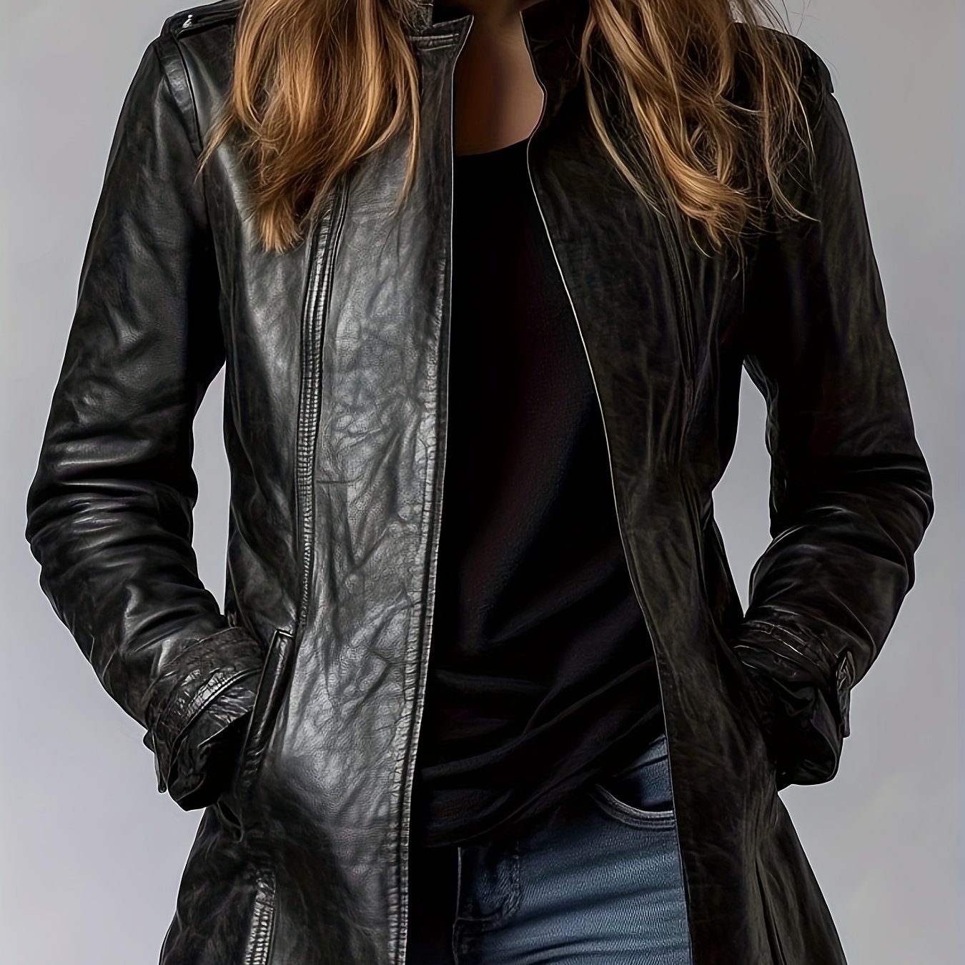 PU Spring, Summer, And Autumn Washable Casual Pocket Loose Mid-length Cardigan Jacket, Retro Motorcycle Jacket Long-sleeve Outerwear, 3D Effect, Stand Collar Design for Women's Long-sleeve Cardigan