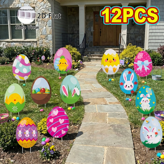 2D Flat, 12pcs Easter Eggs Decorations Outdoor Easter Yard Signs Easter Yard Decorations Outdoor with Stakes Bunny Egg Easter Outdoor Garden Sign Lawn Signs for Pathway Walkway, 2D Flat