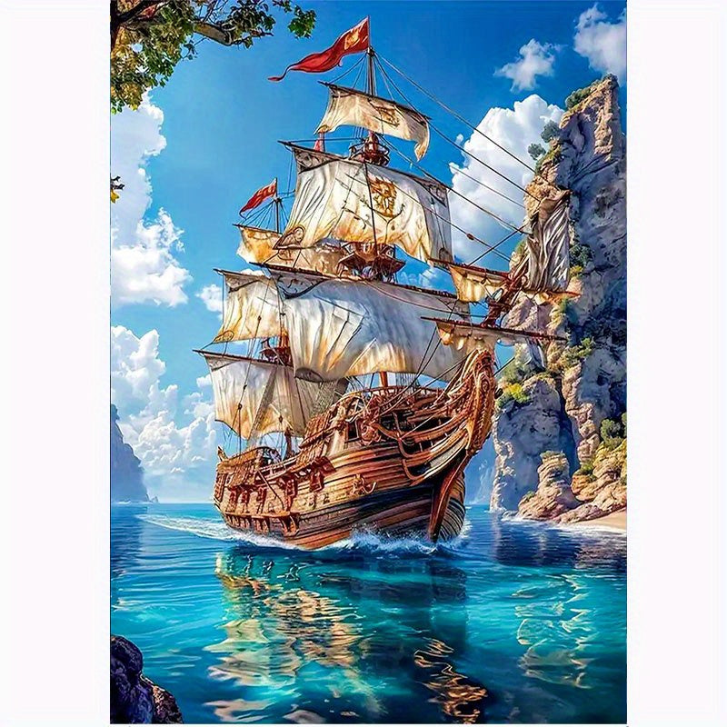 Qiziteng 5D DIY Diamond Painting Kit Sailboat Sunset Round Mosaic
