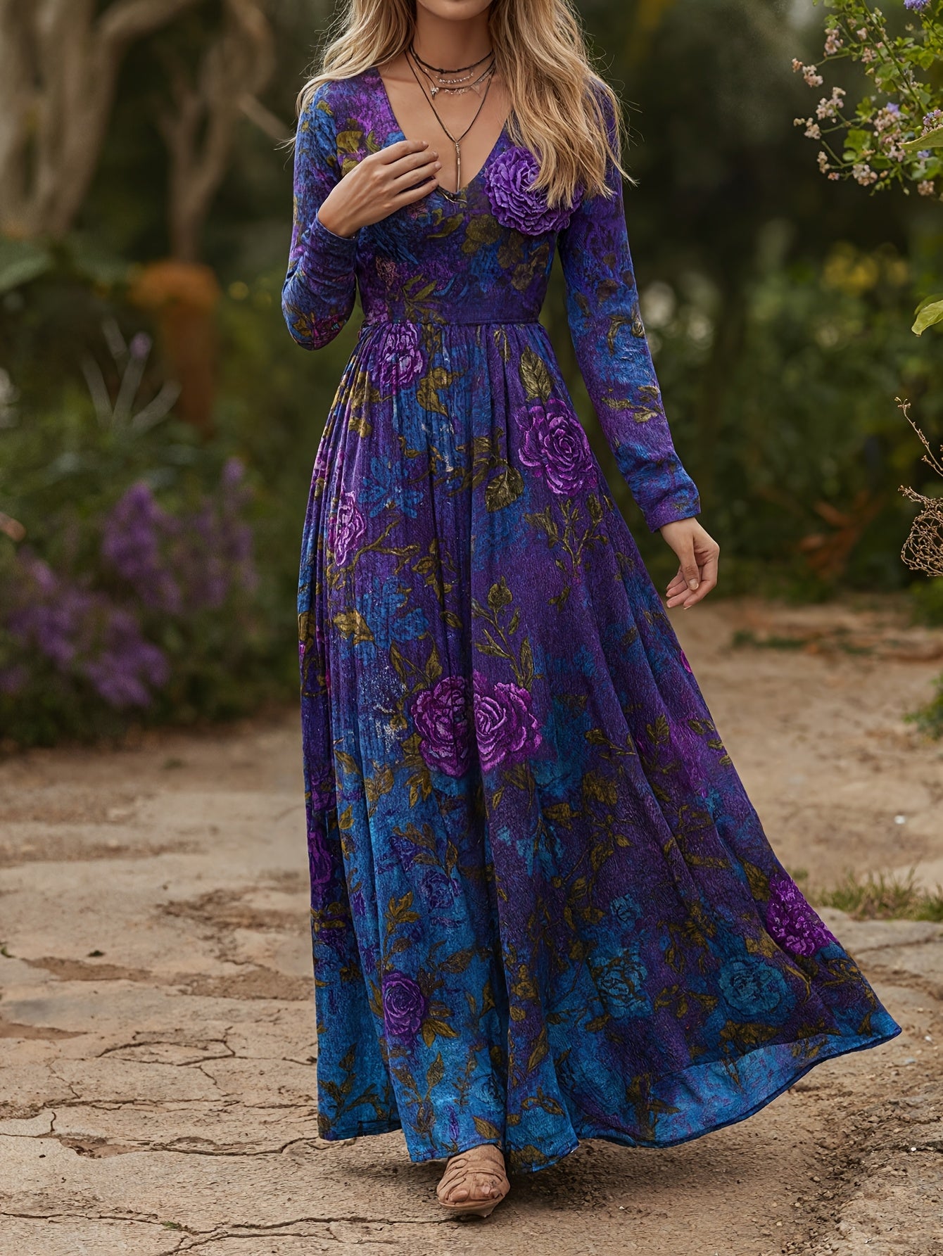 CIUM Elegant Flower Print Maxi Dress Long Sleeve V Neck