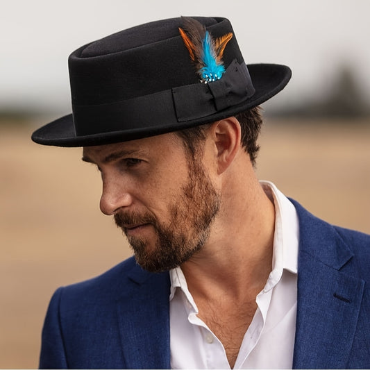 Adjustable Wool Pork Pie Hat with Blue Feather Accent